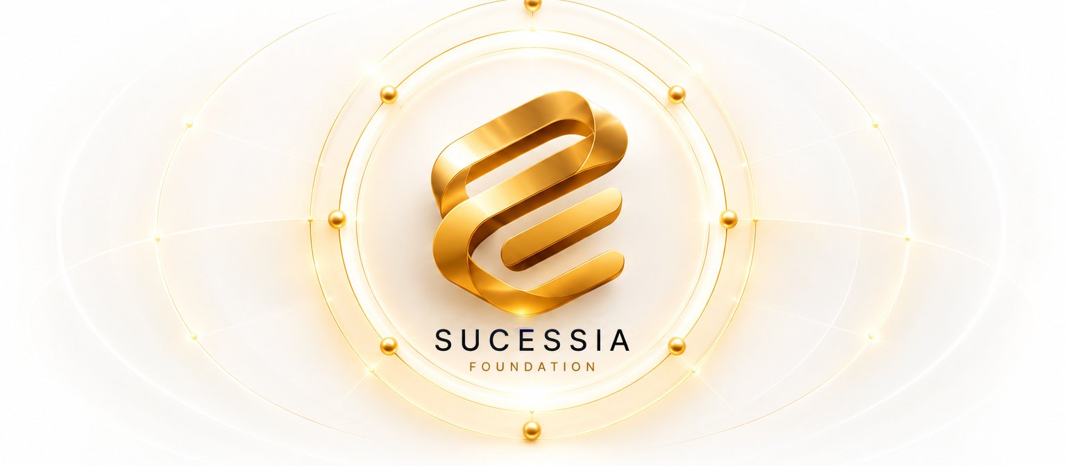 Símbolo dourado da SUCESSIA Foundation ao centro de órbitas luminosas